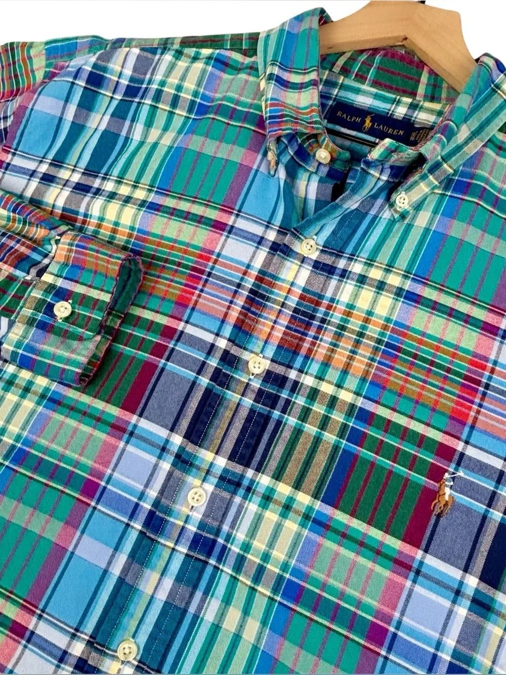 Polo Ralph Lauren Shirt Mens XLT Green Blue Multicolor Flesh Pony Preppy